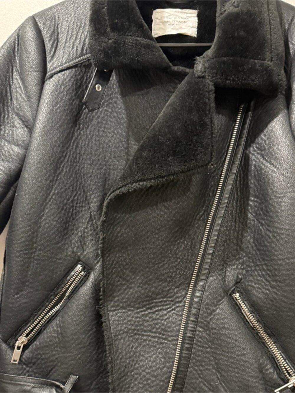 Zara Woman Size L Black Faux Shearling Aviator Jacket - Picture 5 of 11